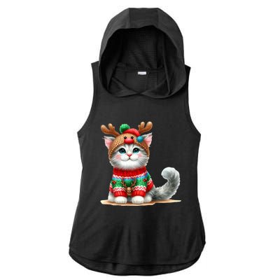 Cat Reindeer Hat Santa Christmas Funny Cat Xmas Swea Ladies PosiCharge Tri-Blend Wicking Draft Hoodie Tank