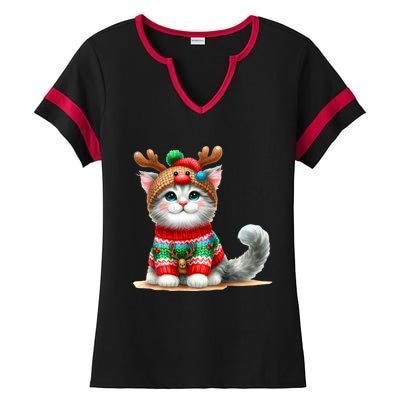 Cat Reindeer Hat Santa Christmas Funny Cat Xmas Swea Ladies Halftime Notch Neck Tee