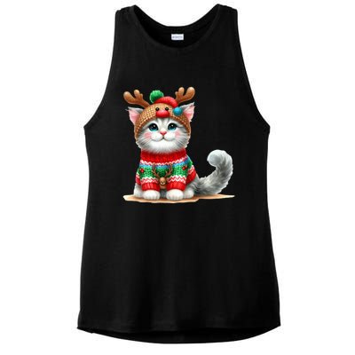 Cat Reindeer Hat Santa Christmas Funny Cat Xmas Swea Ladies PosiCharge Tri-Blend Wicking Tank