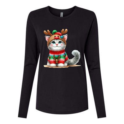 Cat Reindeer Hat Santa Christmas Funny Cat Xmas Swea Womens Cotton Relaxed Long Sleeve T-Shirt