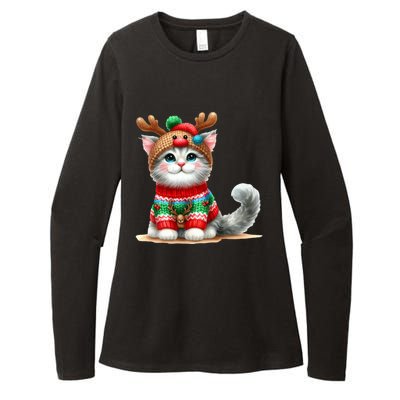 Cat Reindeer Hat Santa Christmas Funny Cat Xmas Swea Womens CVC Long Sleeve Shirt