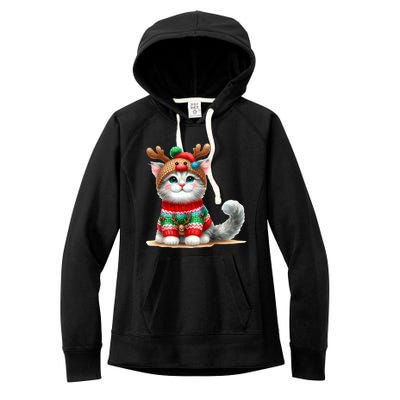 Cat Reindeer Hat Santa Christmas Funny Cat Xmas Swea Women's Fleece Hoodie