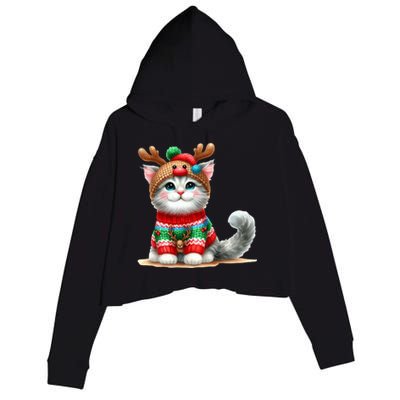 Cat Reindeer Hat Santa Christmas Funny Cat Xmas Swea Crop Fleece Hoodie