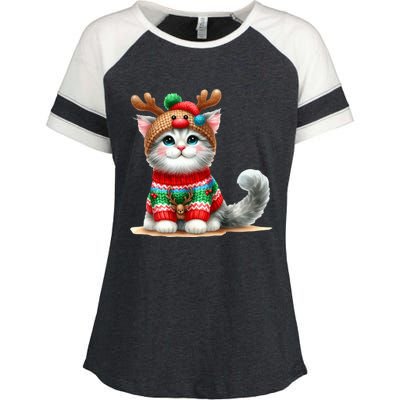 Cat Reindeer Hat Santa Christmas Funny Cat Xmas Swea Enza Ladies Jersey Colorblock Tee