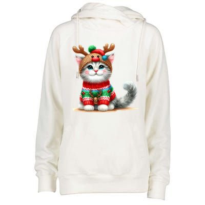 Cat Reindeer Hat Santa Christmas Funny Cat Xmas Swea Womens Funnel Neck Pullover Hood