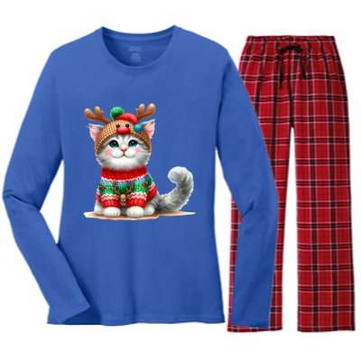 Cat Reindeer Hat Santa Christmas Funny Cat Xmas Swea Women's Long Sleeve Flannel Pajama Set 