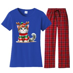 Cat Reindeer Hat Santa Christmas Funny Cat Xmas Swea Women's Flannel Pajama Set