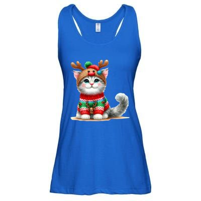 Cat Reindeer Hat Santa Christmas Funny Cat Xmas Swea Ladies Essential Flowy Tank