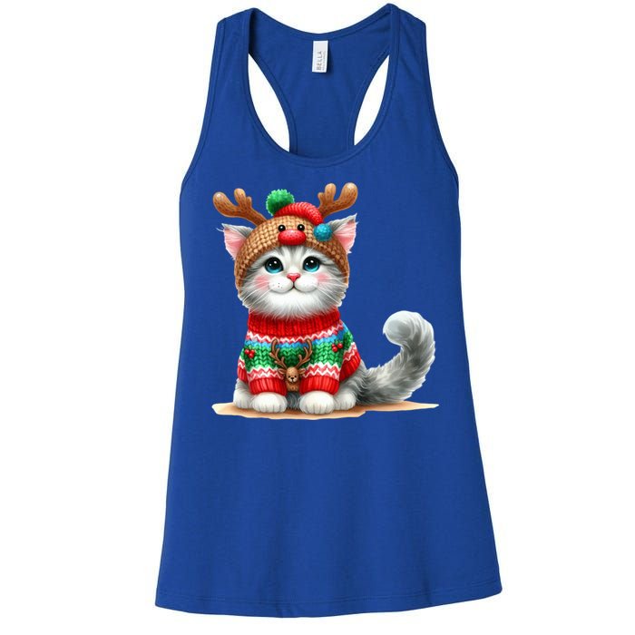 Cat Reindeer Hat Santa Christmas Funny Cat Xmas Swea Women's Racerback Tank