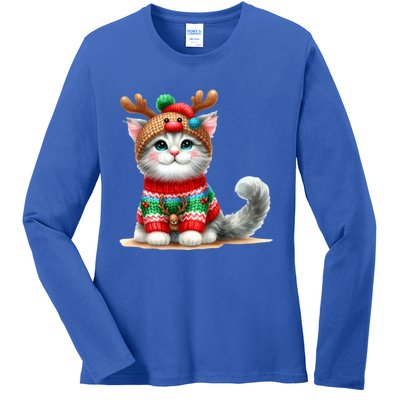 Cat Reindeer Hat Santa Christmas Funny Cat Xmas Swea Ladies Long Sleeve Shirt