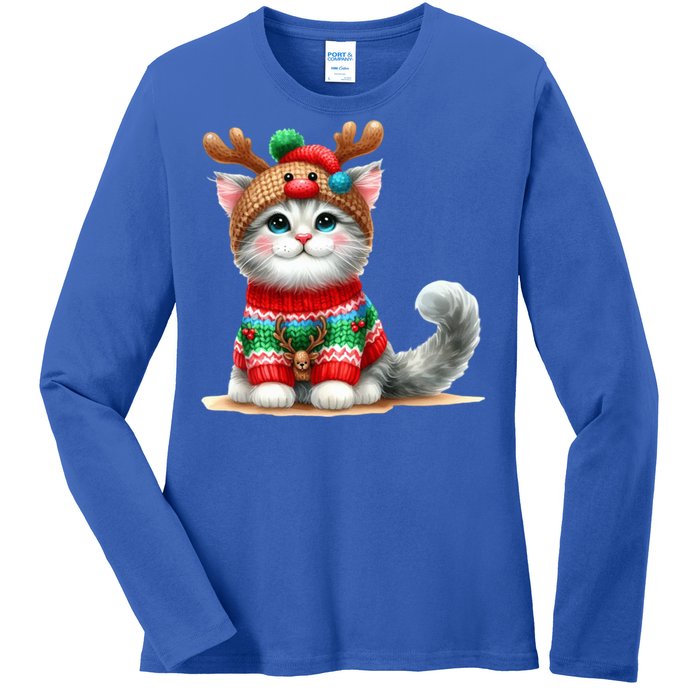 Cat Reindeer Hat Santa Christmas Funny Cat Xmas Swea Ladies Long Sleeve Shirt