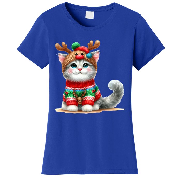 Cat Reindeer Hat Santa Christmas Funny Cat Xmas Swea Women's T-Shirt