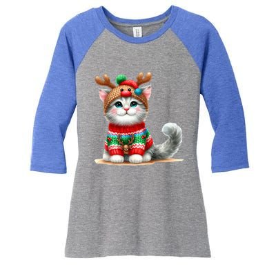 Cat Reindeer Hat Santa Christmas Funny Cat Xmas Swea Women's Tri-Blend 3/4-Sleeve Raglan Shirt