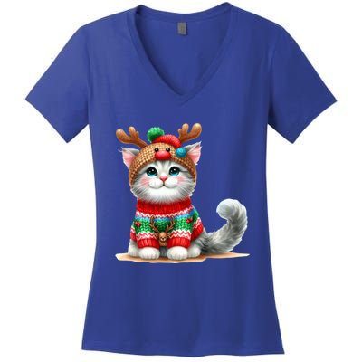 Cat Reindeer Hat Santa Christmas Funny Cat Xmas Swea Women's V-Neck T-Shirt