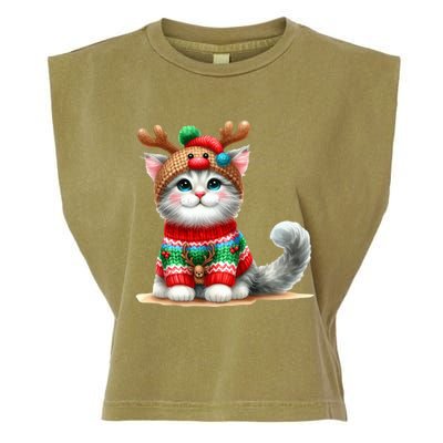 Cat Reindeer Hat Santa Christmas Funny Cat Xmas Swea Garment-Dyed Women's Muscle Tee