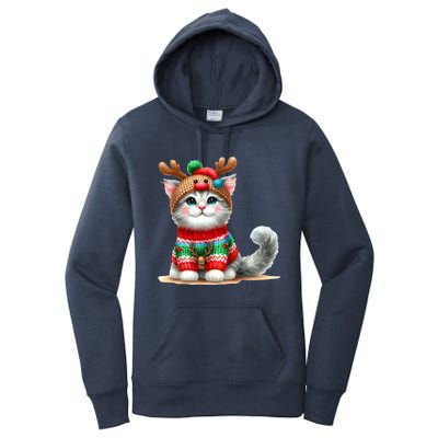 Cat Reindeer Hat Santa Christmas Funny Cat Xmas Swea Women's Pullover Hoodie