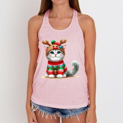 Cat Reindeer Hat Santa Christmas Funny Cat Xmas Swea Women's Knotted Racerback Tank