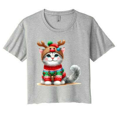 Cat Reindeer Hat Santa Christmas Funny Cat Xmas Swea Women's Crop Top Tee