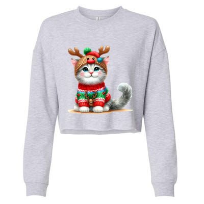 Cat Reindeer Hat Santa Christmas Funny Cat Xmas Swea Cropped Pullover Crew