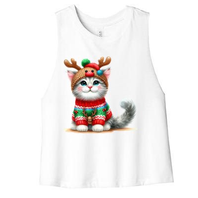 Cat Reindeer Hat Santa Christmas Funny Cat Xmas Swea Women's Racerback Cropped Tank