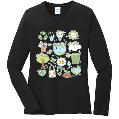 Cute Retro Hippie Celebrate Earth Day Ladies Long Sleeve Shirt