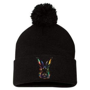 Colorful Rabbit Illustration Pom Pom 12in Knit Beanie