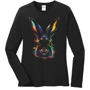 Colorful Rabbit Illustration Ladies Long Sleeve Shirt