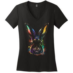 Colorful Rabbit Illustration Women's V-Neck T-Shirt