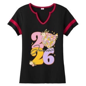 Cute Retro Junior 2026 Disco Ball Flowers Ladies Halftime Notch Neck Tee