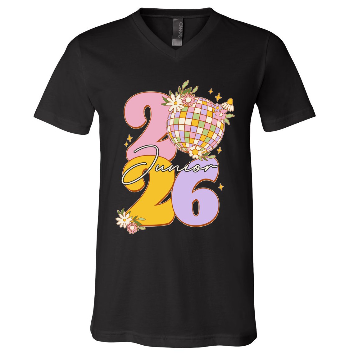Cute Retro Junior 2026 Disco Ball Flowers V-Neck T-Shirt