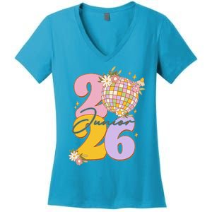 Cute Retro Junior 2026 Disco Ball Flowers Women's V-Neck T-Shirt