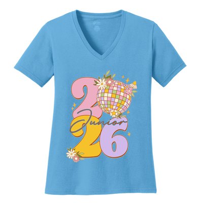 Cute Retro Junior 2026 Disco Ball Flowers Women's V-Neck T-Shirt