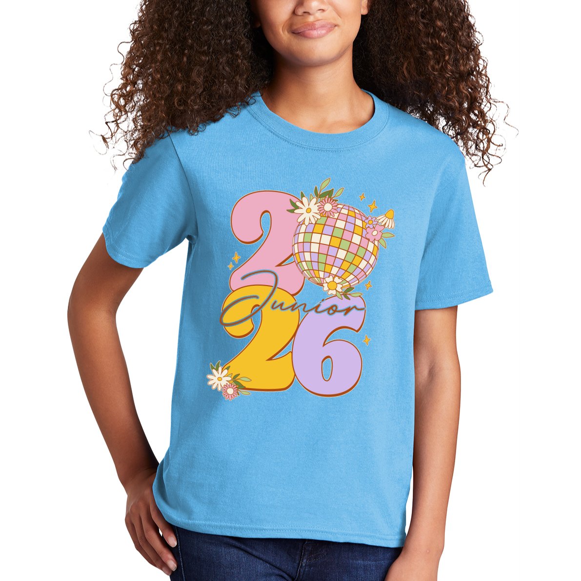 Cute Retro Junior 2026 Disco Ball Flowers Kids T-Shirt