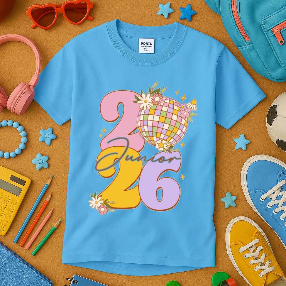 Cute Retro Junior 2026 Disco Ball Flowers Kids T-Shirt