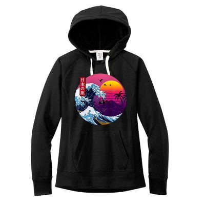 Cool Retro Japanese Sunset The Great Wave Off Kanagawa Women's Fleece Hoodie