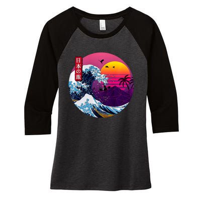 Cool Retro Japanese Sunset The Great Wave Off Kanagawa Women's Tri-Blend 3/4-Sleeve Raglan Shirt