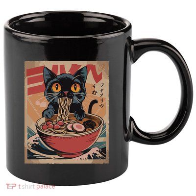 Cat Ramen Japanese Funny Graphic Kawaii Cat Anime 11oz C Handle Ceramic Mug