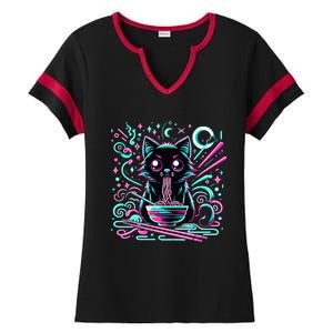 Cat Retro Japanese Noodles Aesthetic Kawaii Cat Ladies Halftime Notch Neck Tee