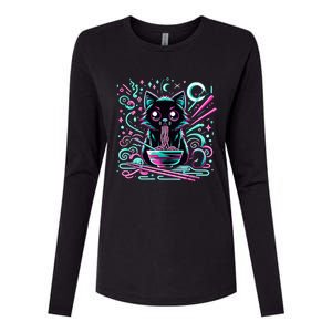 Cat Retro Japanese Noodles Aesthetic Kawaii Cat Womens Cotton Relaxed Long Sleeve T-Shirt