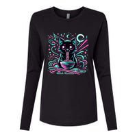 Cat Retro Japanese Noodles Aesthetic Kawaii Cat Womens Cotton Relaxed Long Sleeve T-Shirt