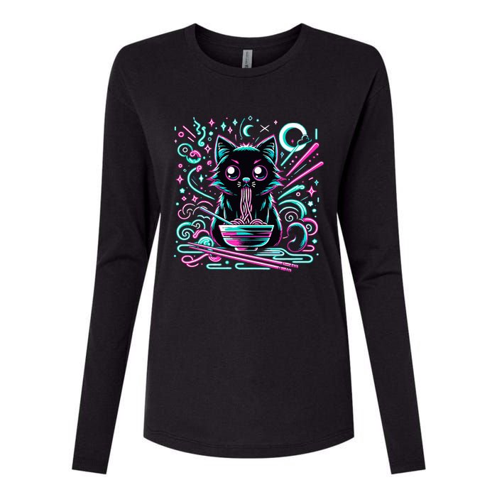 Cat Retro Japanese Noodles Aesthetic Kawaii Cat Womens Cotton Relaxed Long Sleeve T-Shirt