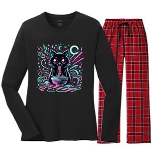 Cat Retro Japanese Noodles Aesthetic Kawaii Cat Women's Long Sleeve Flannel Pajama Set 