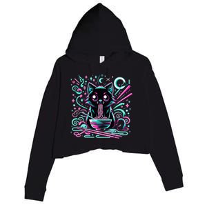 Cat Retro Japanese Noodles Aesthetic Kawaii Cat Crop Fleece Hoodie