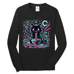 Cat Retro Japanese Noodles Aesthetic Kawaii Cat Tall Long Sleeve T-Shirt