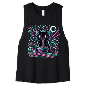 Cat Retro Japanese Noodles Aesthetic Kawaii Cat Women's Racerback Cropped Tank