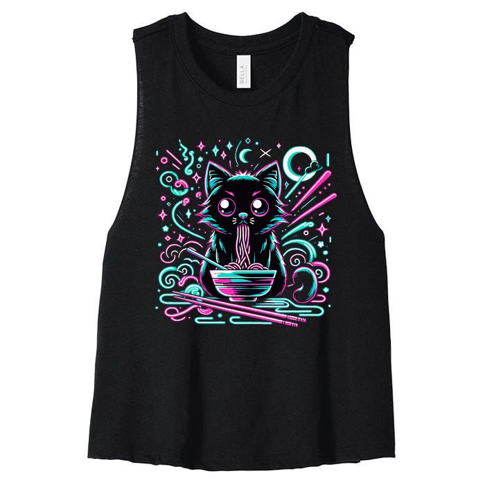 Cat Retro Japanese Noodles Aesthetic Kawaii Cat Women's Racerback Cropped Tank