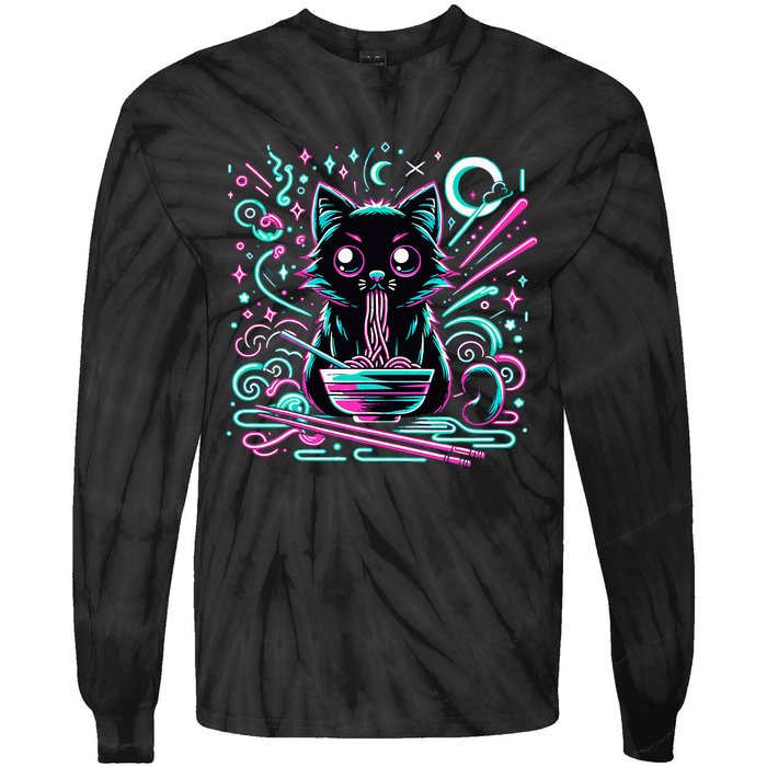 Cat Retro Japanese Noodles Aesthetic Kawaii Cat Tie-Dye Long Sleeve Shirt