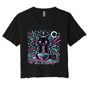 Cat Retro Japanese Noodles Aesthetic Kawaii Cat Women's Crop Top Tee