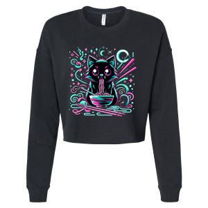 Cat Retro Japanese Noodles Aesthetic Kawaii Cat Cropped Pullover Crew