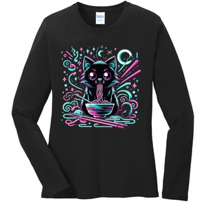 Cat Retro Japanese Noodles Aesthetic Kawaii Cat Ladies Long Sleeve Shirt